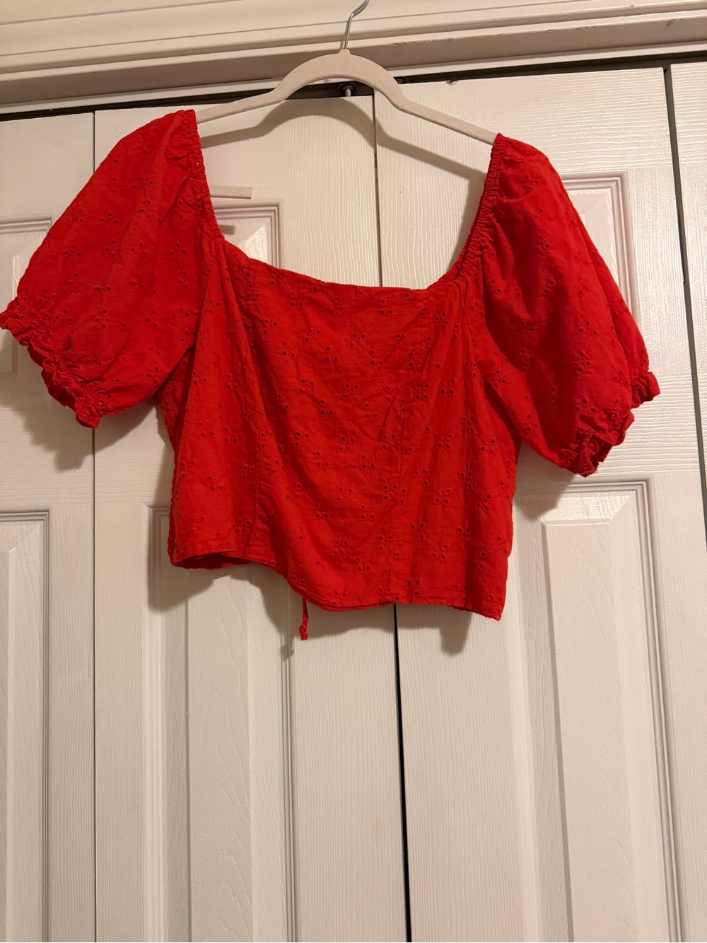 Square Neck Red Eyelet Puff Sleeve Crop Top